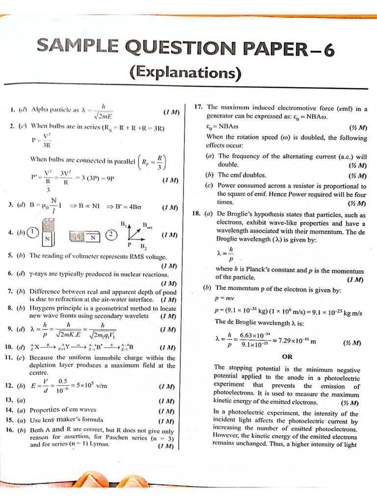 Class 12 Phy Sample Paper 6 Keys PW | PDF