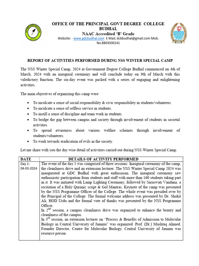 Report of NSS Winter Camp, 2024 (Brief) - Revised | PDF