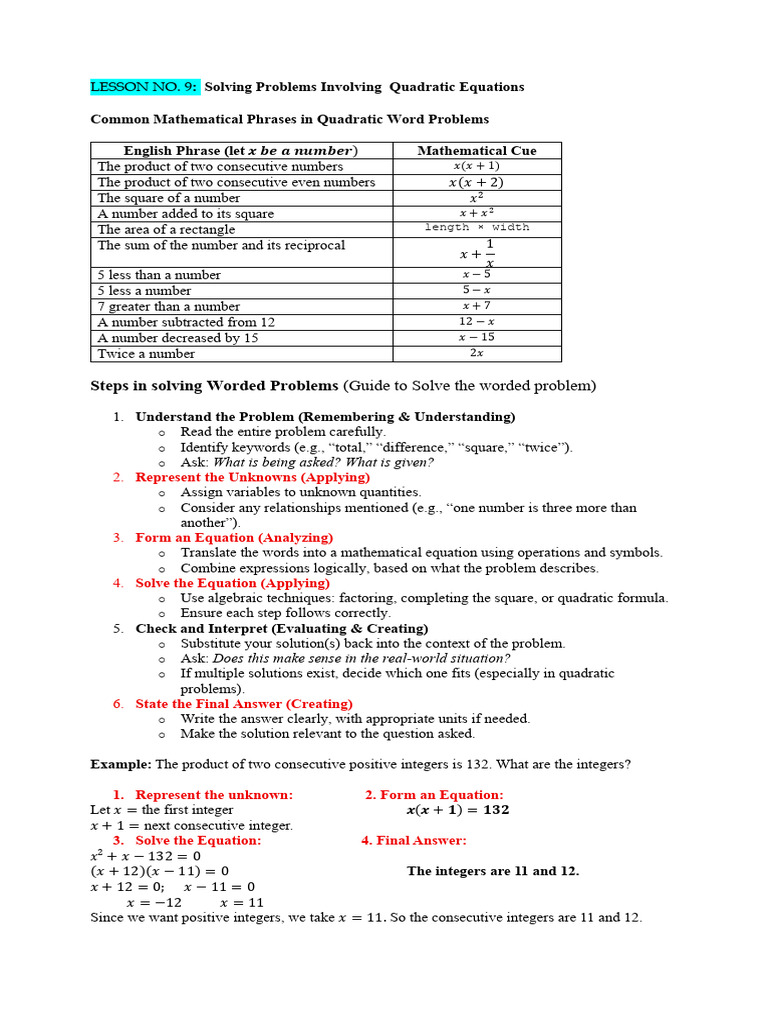Lecture No. 9 Worded Problems Involving Quadratic Equations | PDF ...