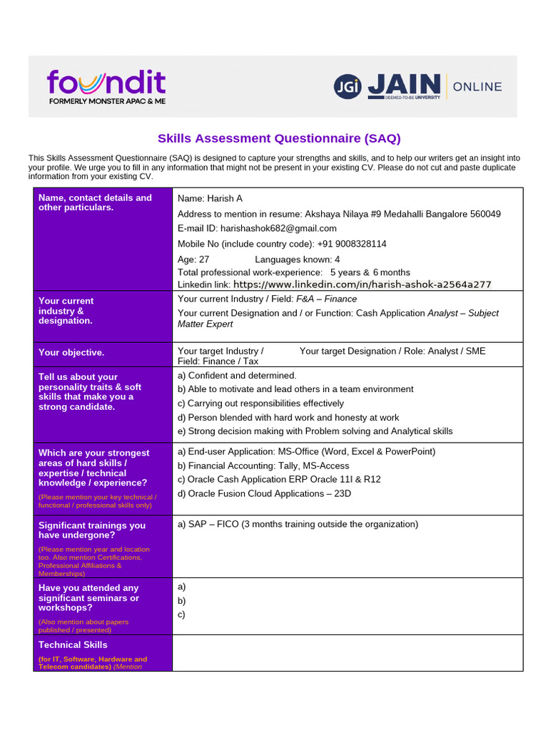 Skills Assessment Questionnaire SAQ | PDF | Computing