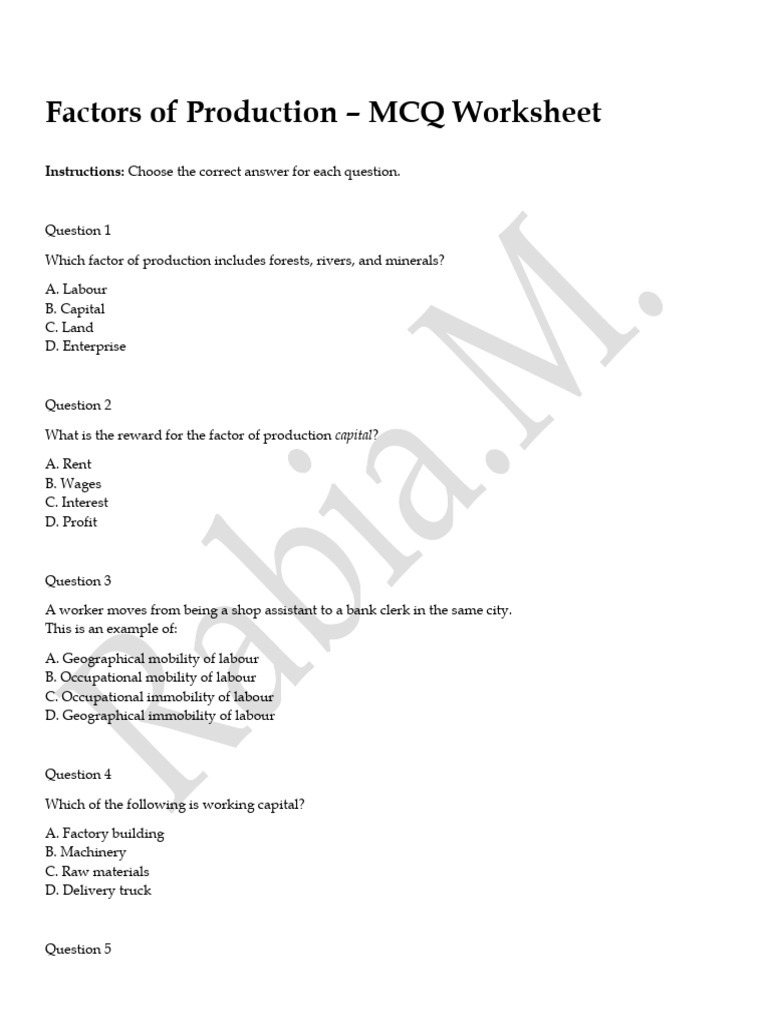Factors of Production MCQs | PDF | Labour Economics | Factors Of Production