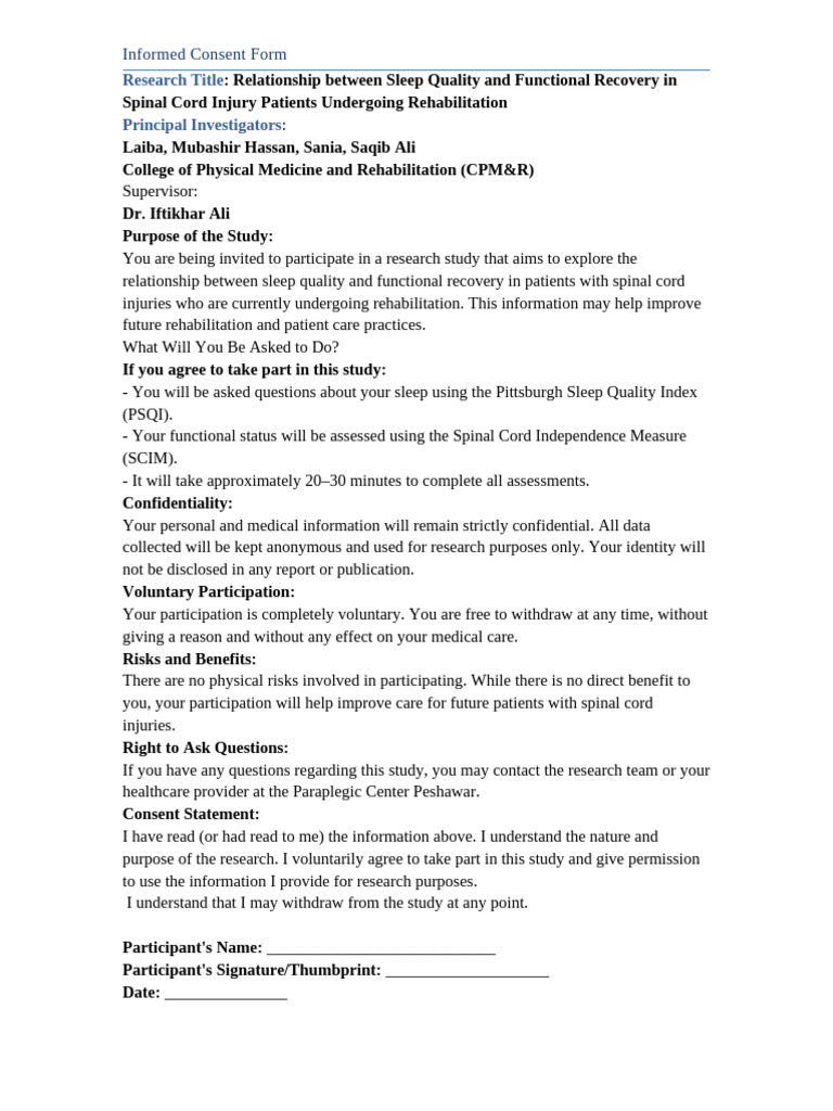 Informed Consent Form SCI Study | PDF