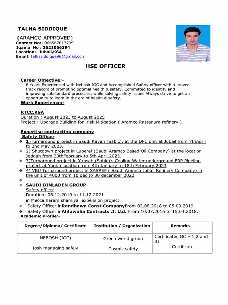 Talha HSE Officer Aramco | PDF