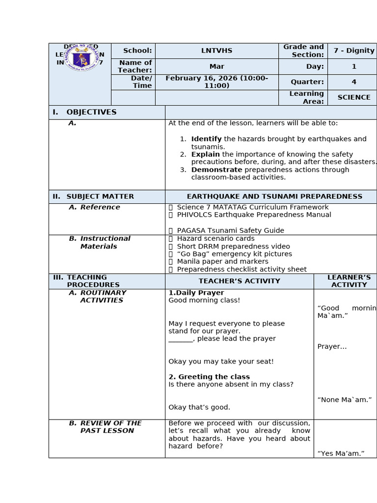 Detailed Lesson Plan in Science 7 | PDF | Earthquakes | Tsunami