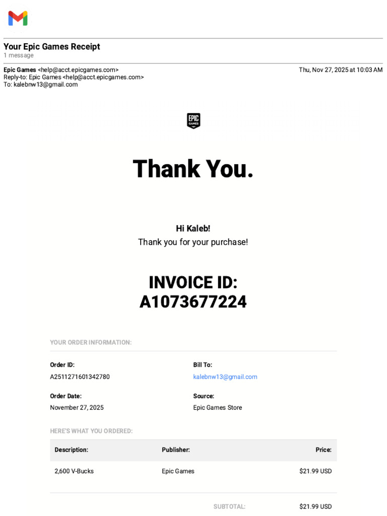 Gmail - Your Epic Games Receipt | PDF | Receipt | United States Dollar