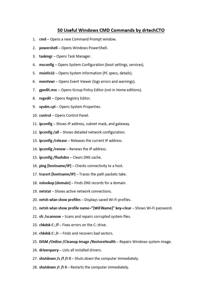 50 Useful Windows CMD Commands by Drtechcto | PDF | Computer File ...
