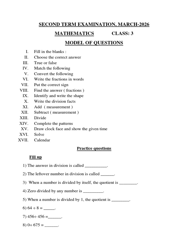 Class 3 Model of Questions and Practice Questions | PDF | Numbers ...