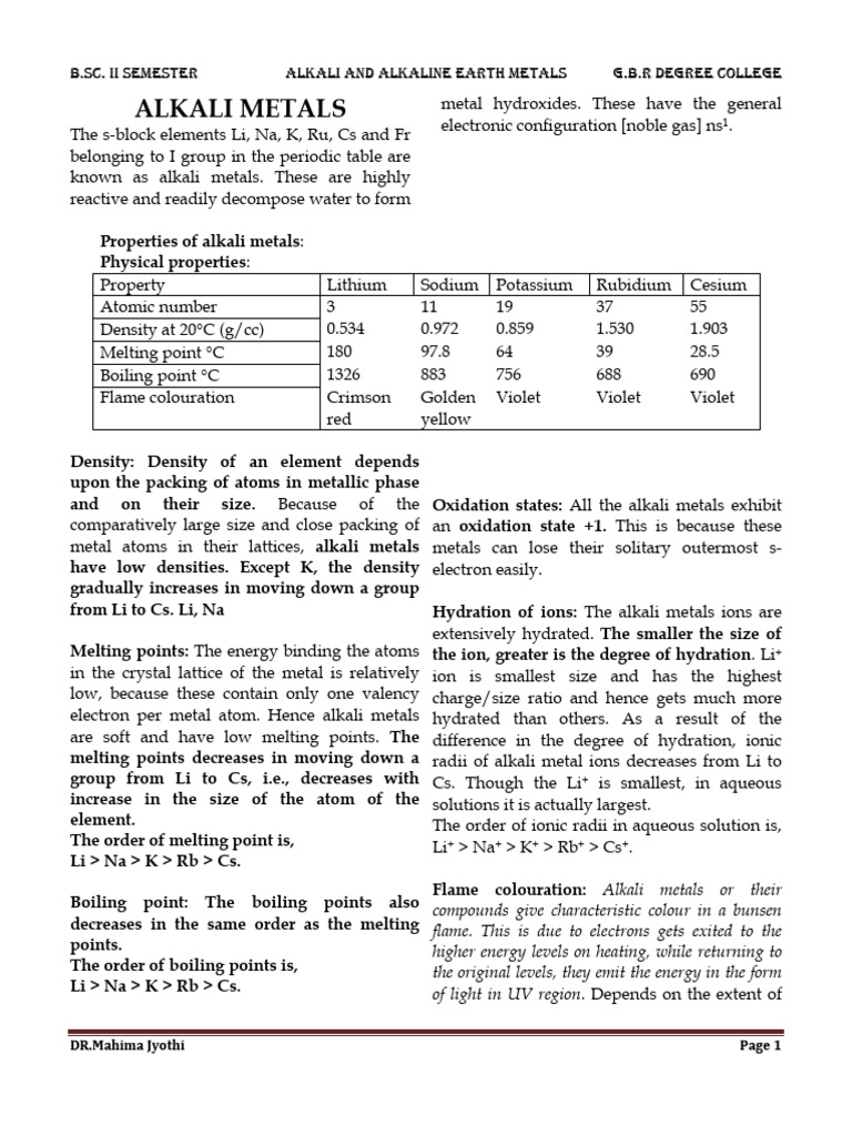 Alkali and Alkaline Earth Metals Sep II Sem | PDF | Calcium | Physical ...