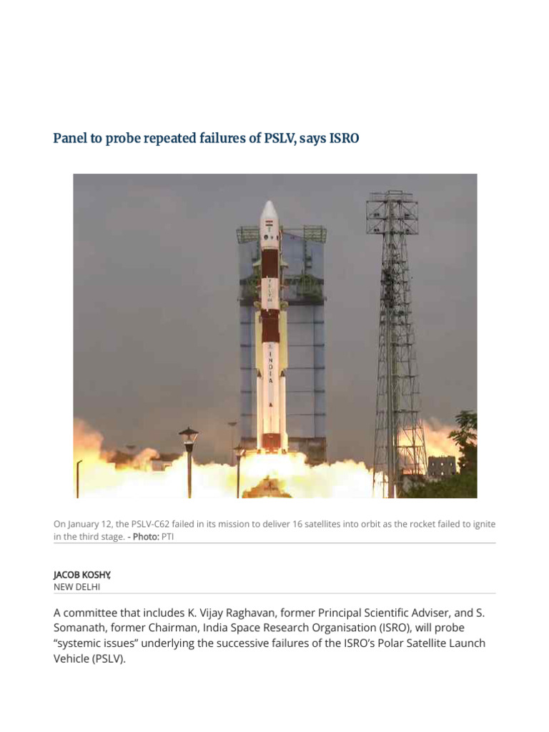 Panel To Probe Repeated Failures of PSLV, Says ISRO | PDF | Spacecraft ...