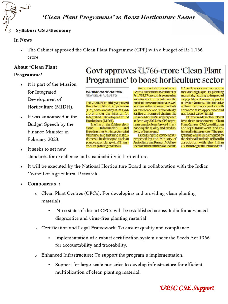 Clean Plant Programme' To Boost Horticulture Sector | PDF