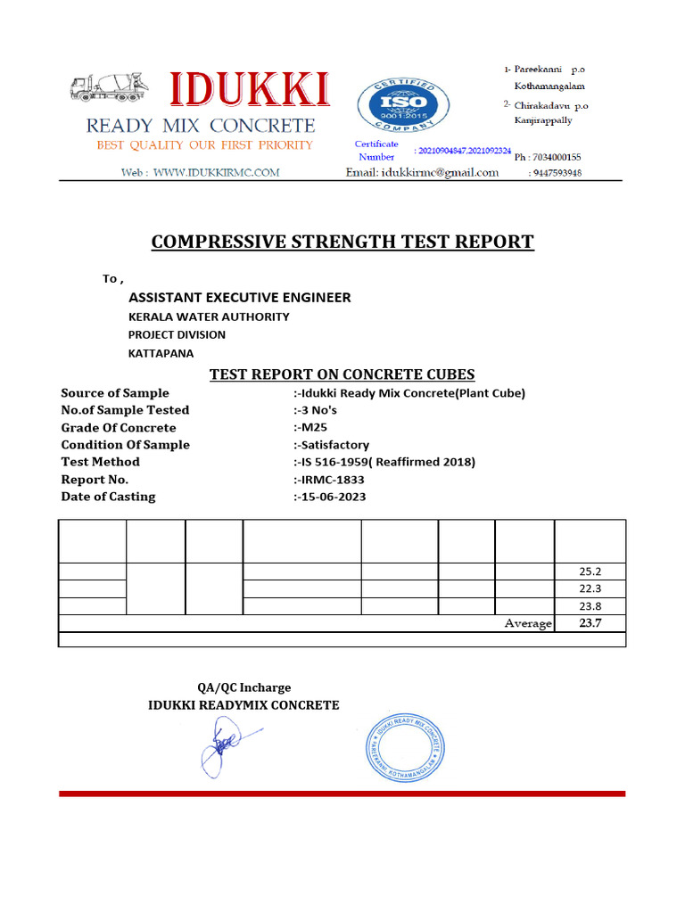 Compressive Strength Test Report: Assistant Executive Engineer | PDF