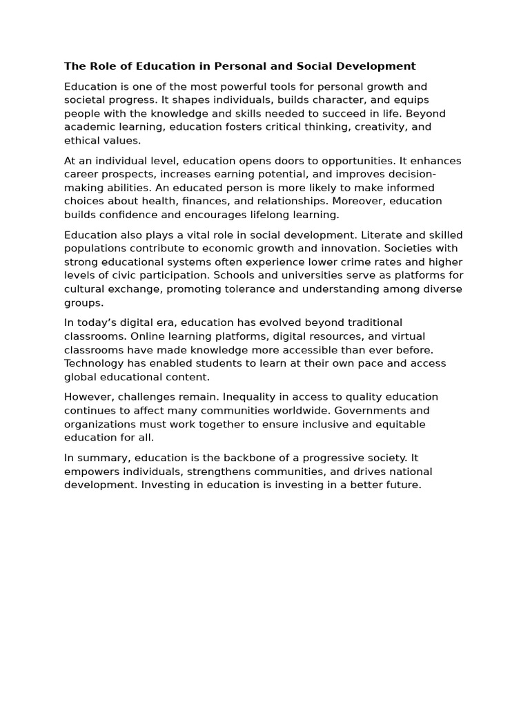 The Role of Education in Personal and Social Development | PDF