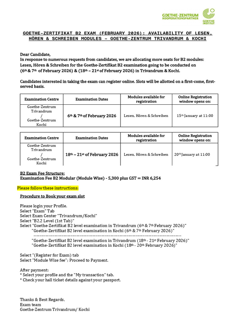 b2 Module-B2 Exam Online Registration - Feb 2026 - G-Z, TRV | PDF