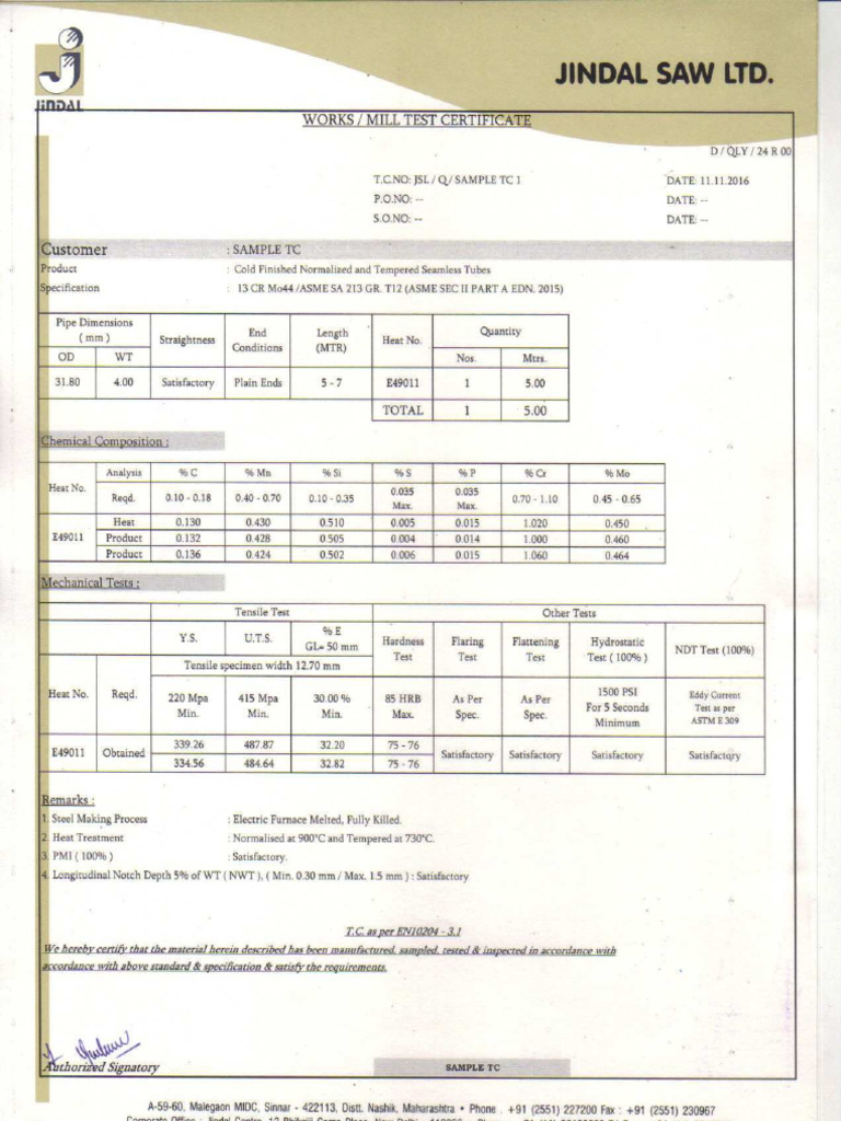 Sample Material Certificate | PDF