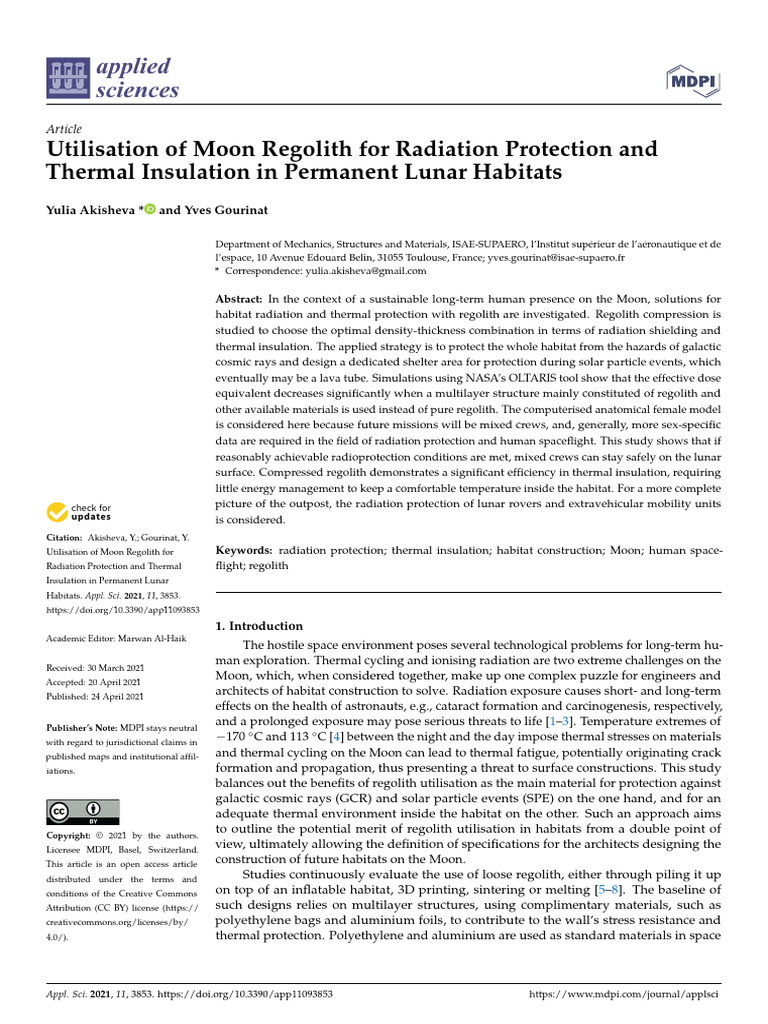 Utilisation of Moon Regolith For Radiation Protection and Thermal ...