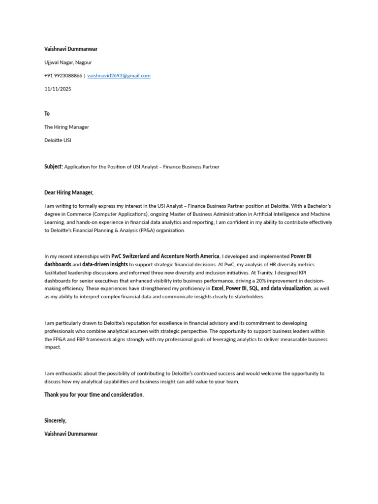 Cover Letter Deloitte USI | PDF