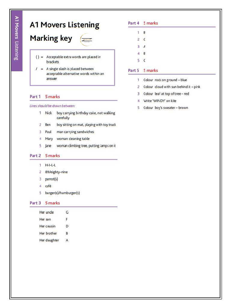 Placement Test - A1 Movers - Listening-Reading & Writing - KEY | PDF