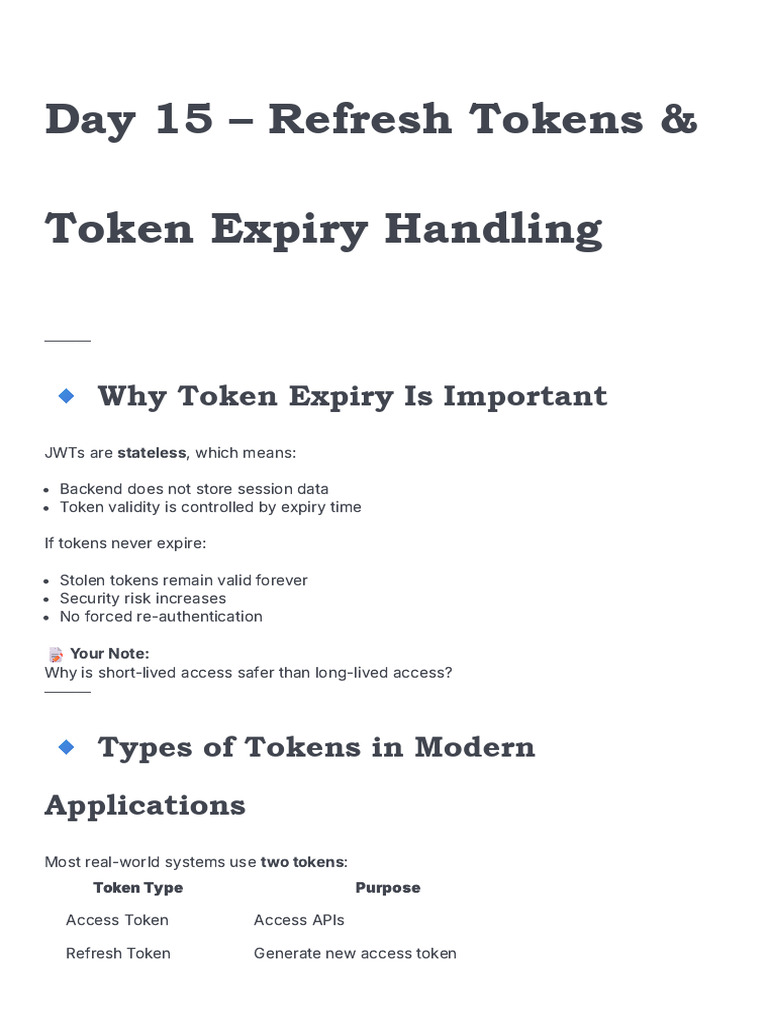 Day 15 - Refresh Tokens & Token Expiry Handling - Trainee Program | PDF ...