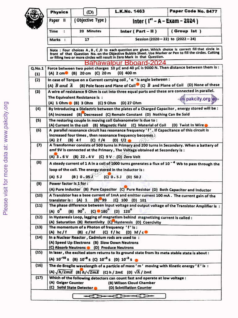 2nd Year Physics Past Papers BWP Board | PDF