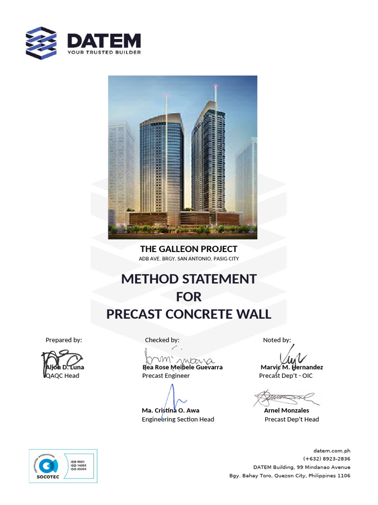 Method Statement Wall - Galleon 3.0 Edited | PDF | Concrete | Precast ...
