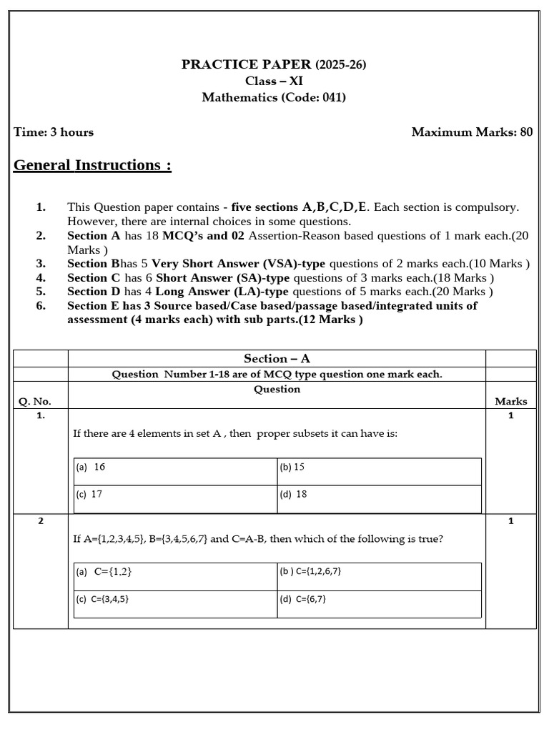 Class 11 Maths PracticePaper 2025 | PDF | Number Theory | Arithmetic