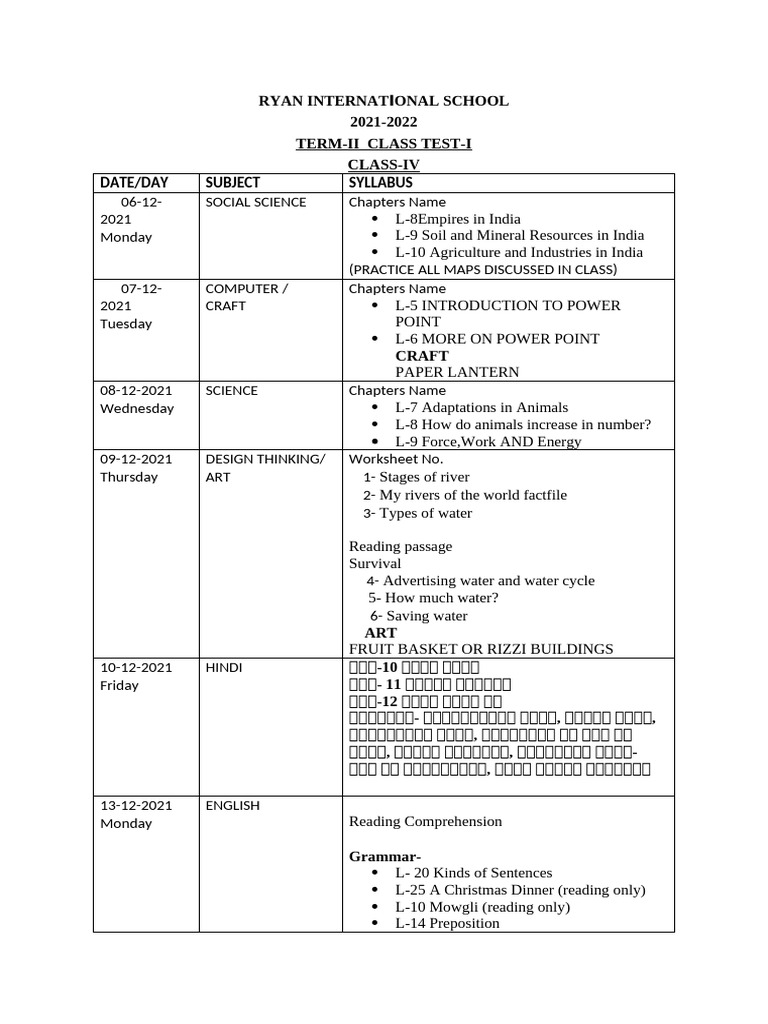 Class 4 Term 2 Class Test 1 Datesheet and Syllabus | PDF