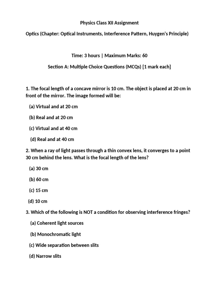 Physics Class XII Assignment | PDF | Optics | Diffraction