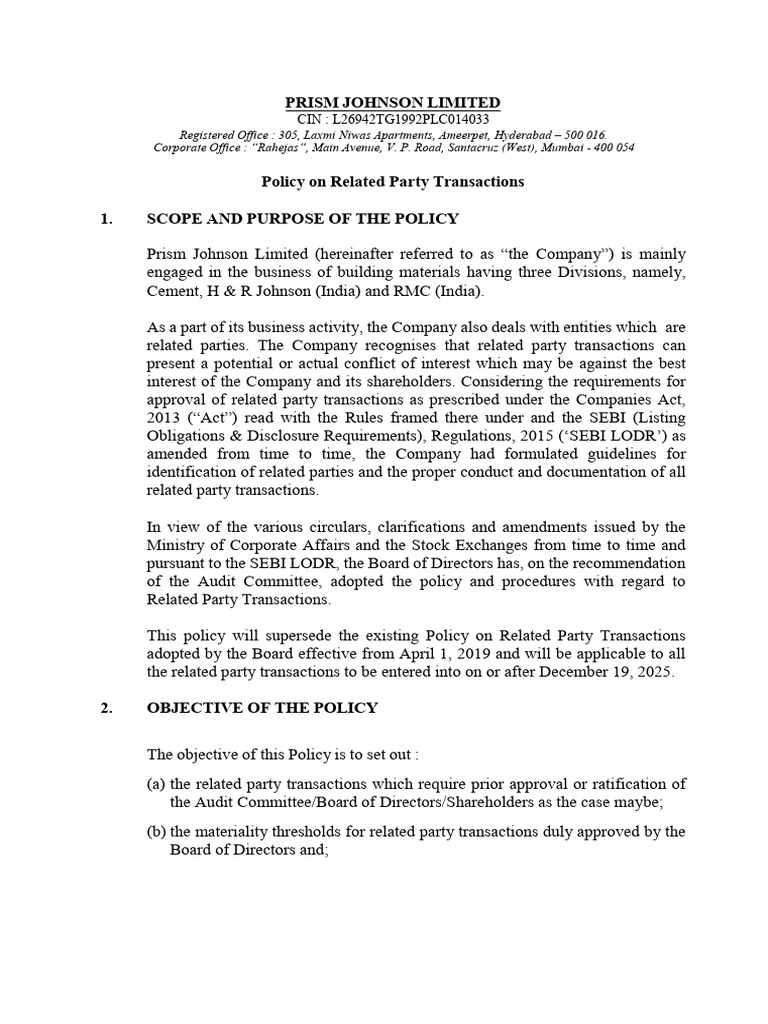 RPT Policy Updated As On February 6 2026 | PDF | Audit | Board Of Directors