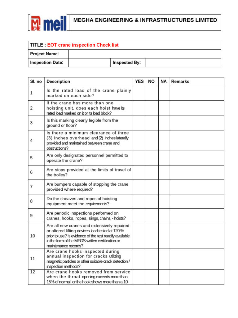 F-34 EOT Crane - Checklist | PDF