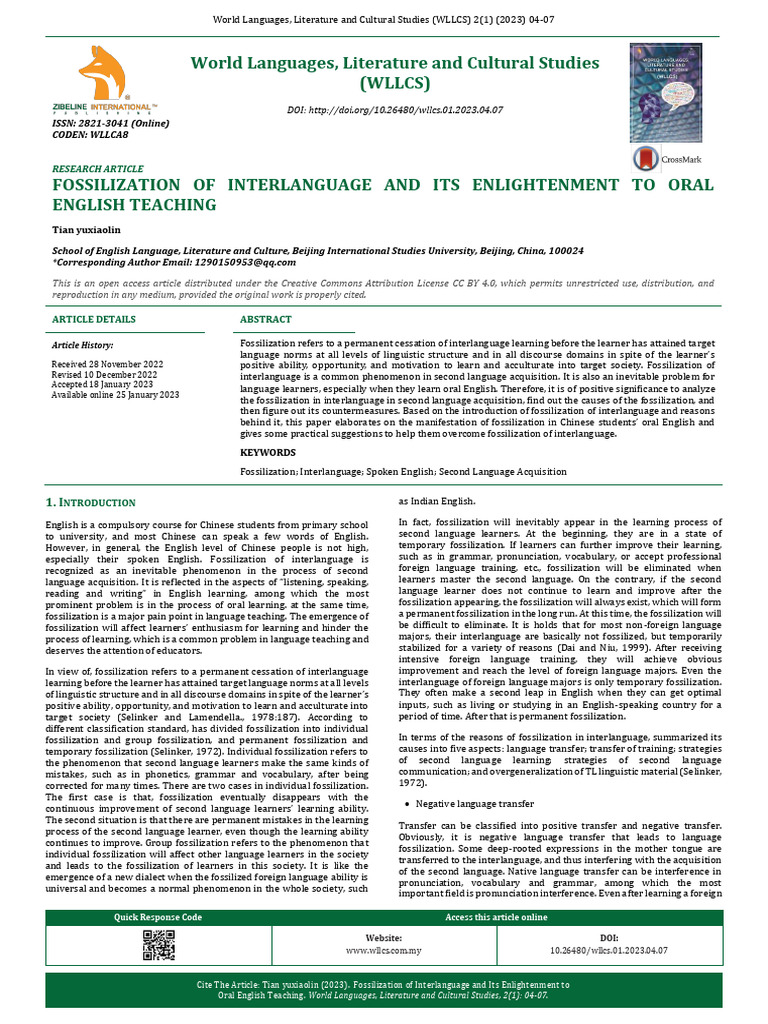 Fossilization of Interlanguage and Its Enlightenment To Oral | PDF ...