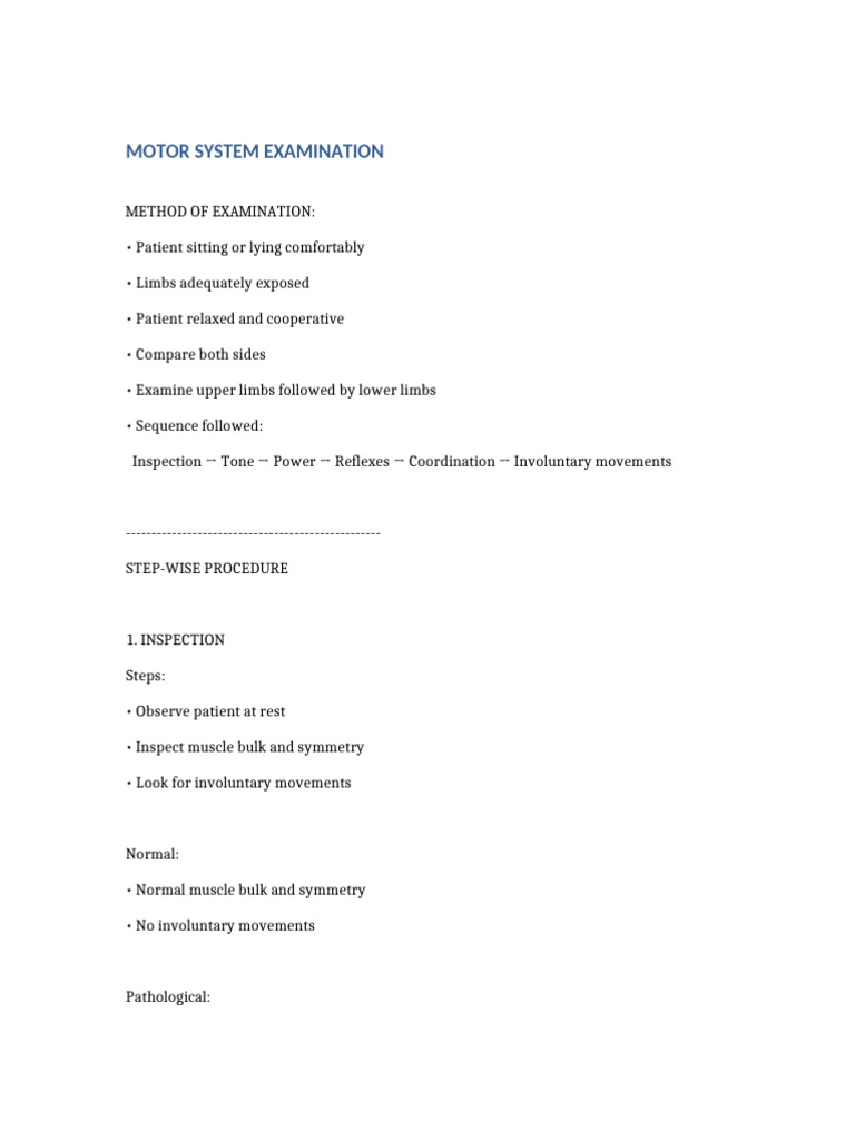 Motor System Examination Detailed | PDF | Neurological Disorders ...