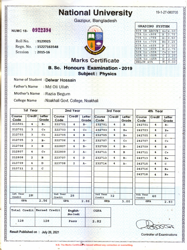 Bachelor's Certificate (BSC) Transcript | PDF
