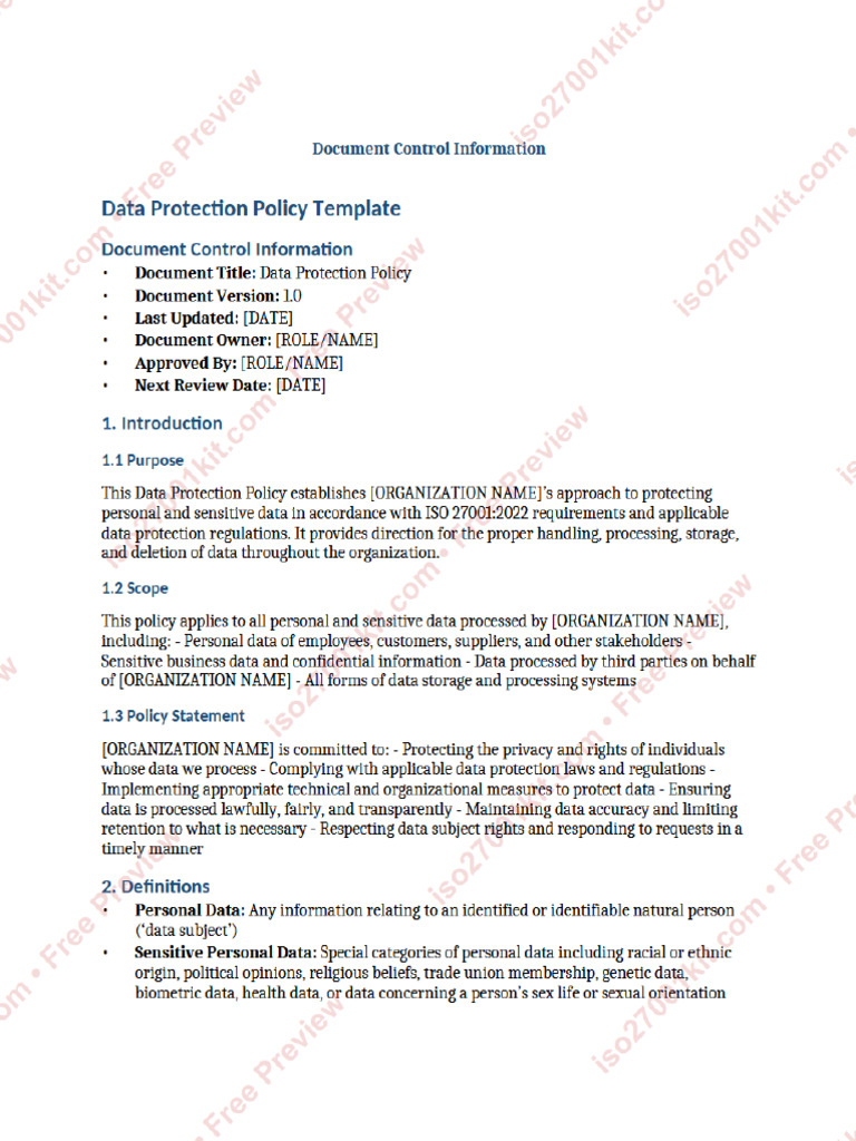 Data Protection Policy Template - Watermarked | PDF