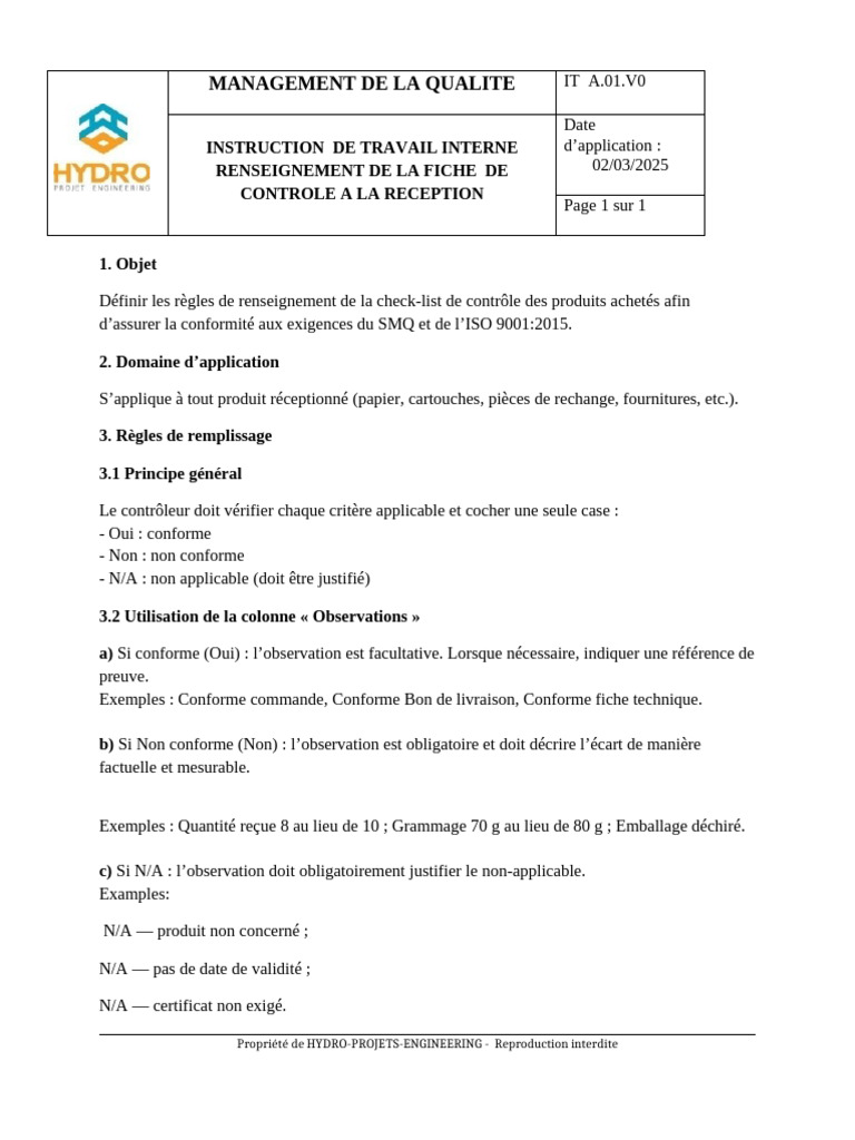 Instruction Controle Reception | PDF | Management de la qualité | Business