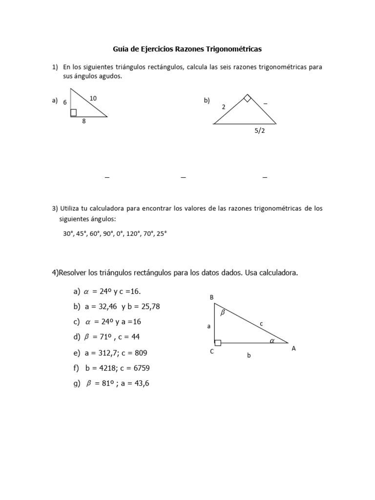 Guía de Ejercicios Razones Trigonométricas | PDF | Triángulo ...