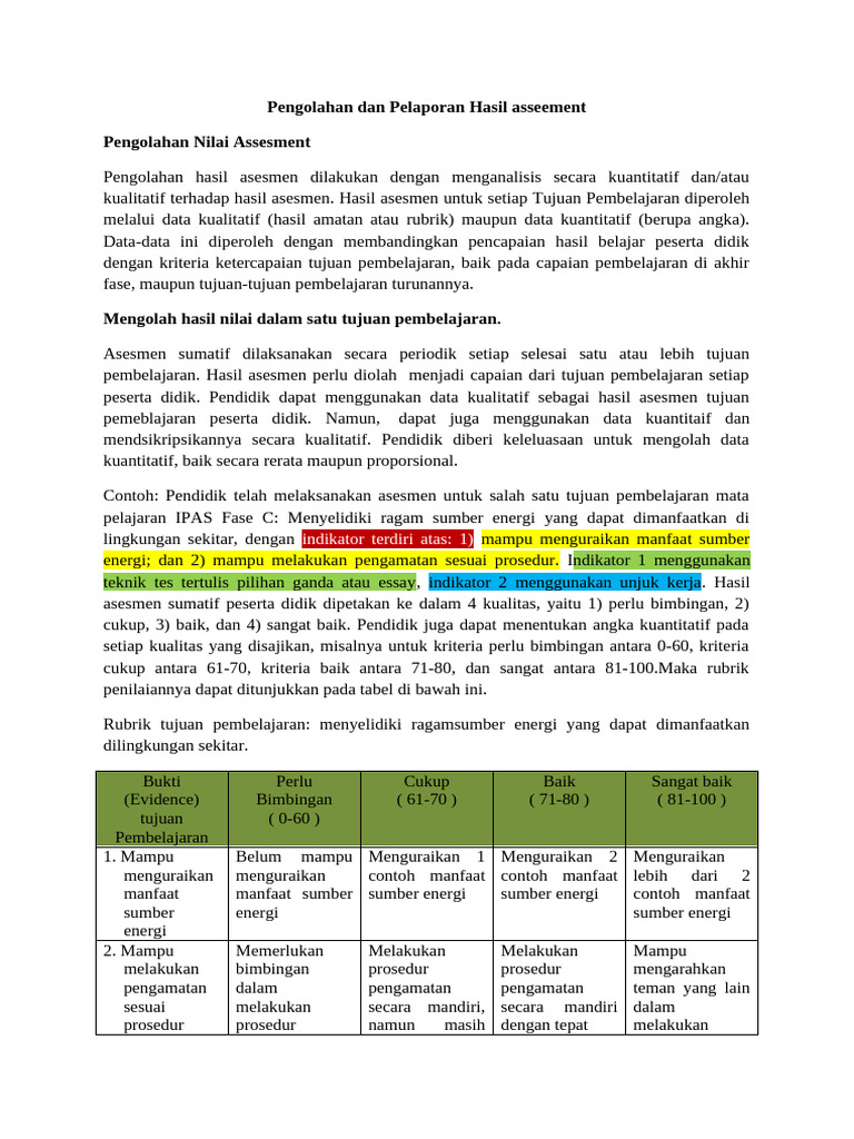 Contoh Pengolahan Dan Pelaporan Hasil Asseement | PDF