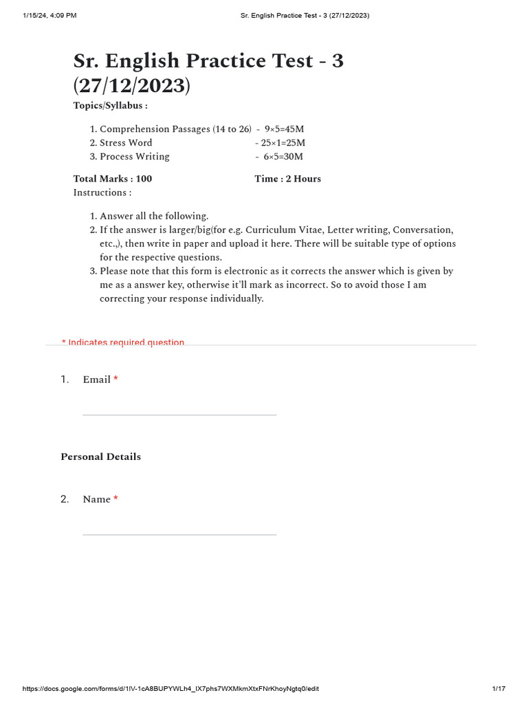 Sr. English Practice Test - 3 (27!12!2023) | PDF | Indus River