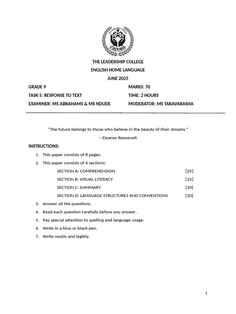 Grade 9 June Paper 2025 | PDF | Reading Comprehension | Adolescence