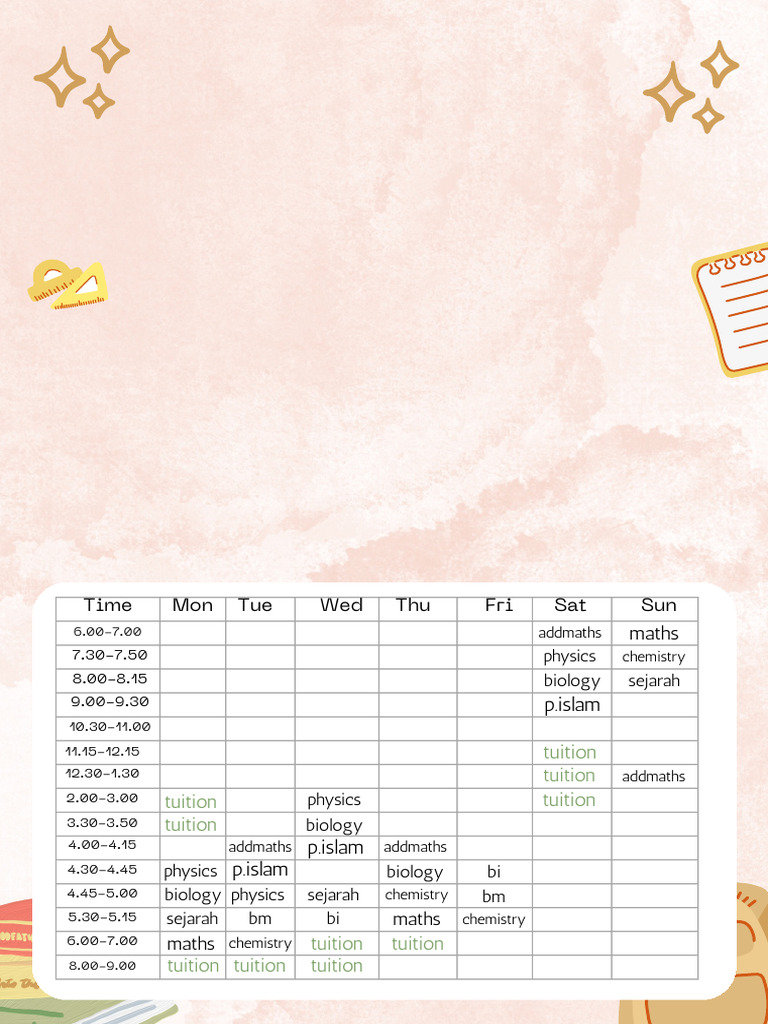 Pink Cute Minimalist Illustrative School Timetable Weekly Planner | PDF