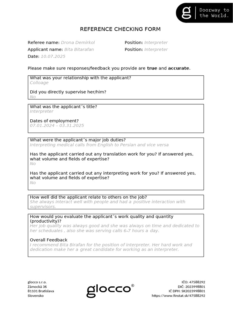 Glocco - Reference Checking Form | PDF