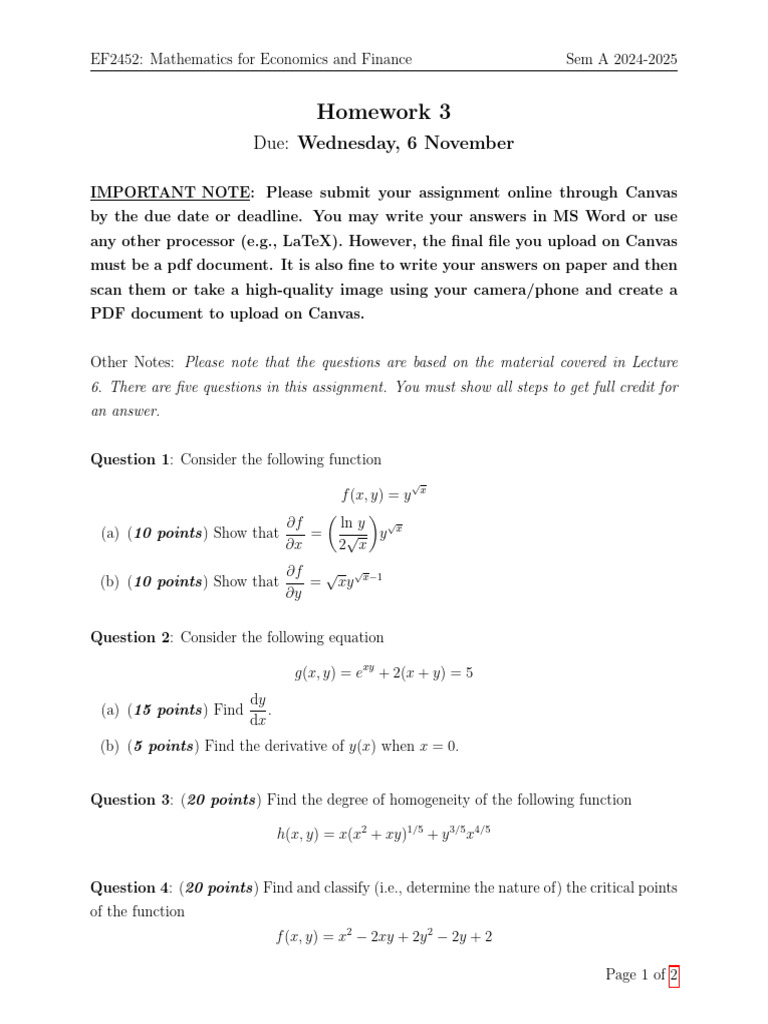 Homework 3: Wednesday, 6 November | PDF