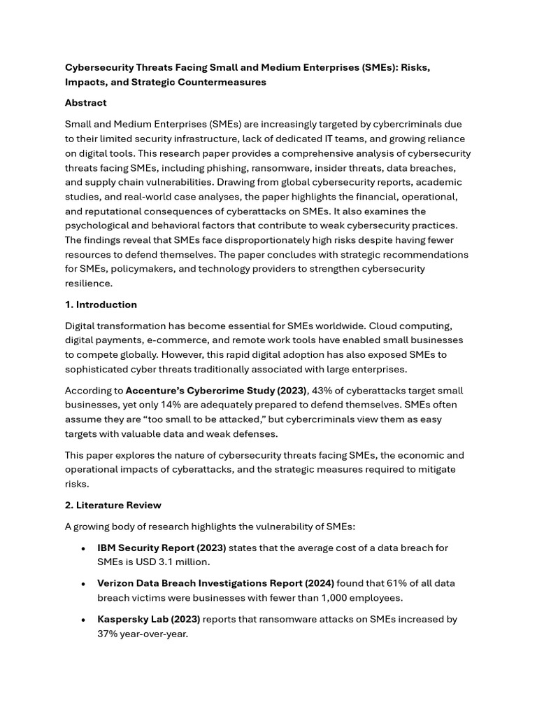 Cybersecurity Threats Facing Small and Medium Enterprises | PDF ...