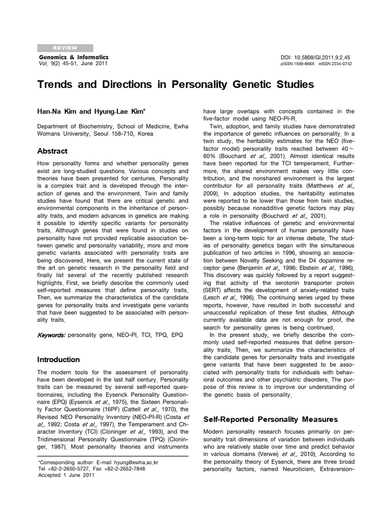 Trends and Directions in Personality Genetic Studi | PDF | Behavioural ...