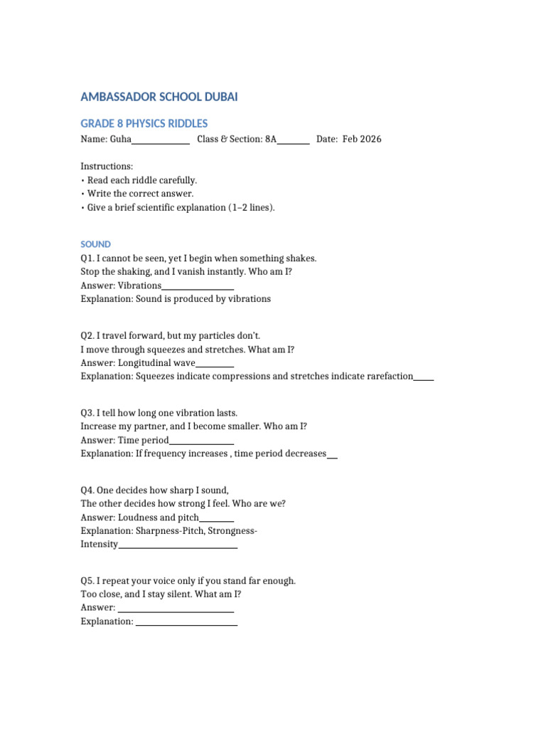 Grade 8 Physics Riddles | PDF | Sound | Waves