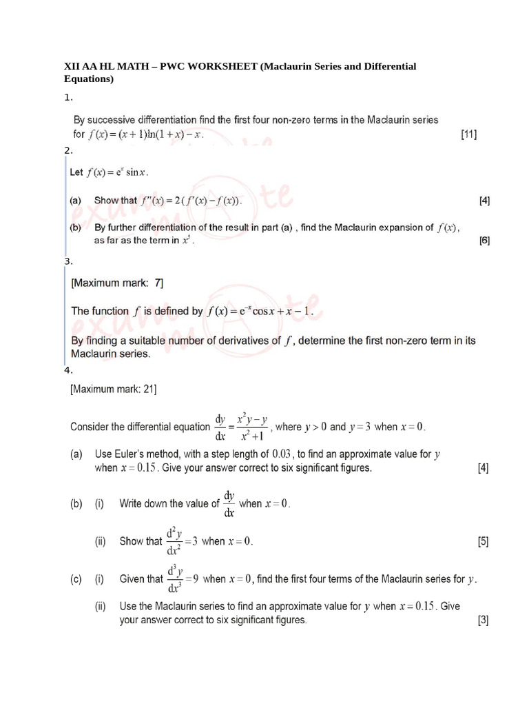 PWC - Worksheet (Maclaurin Series and Differential Equations) | PDF