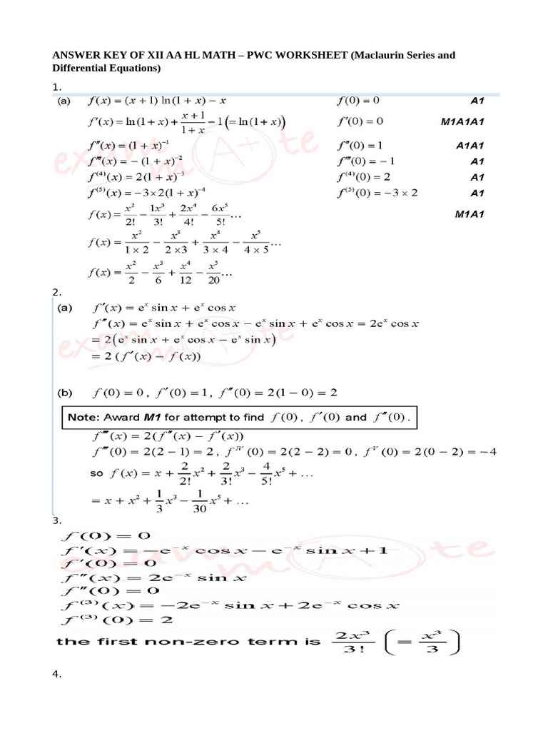 ANSWER KEY of PWC Worksheet (Maclaurin Series and Differential ...