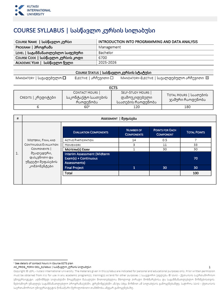 Introduction Into Programming and Data Analysis - Spring 2026 | PDF