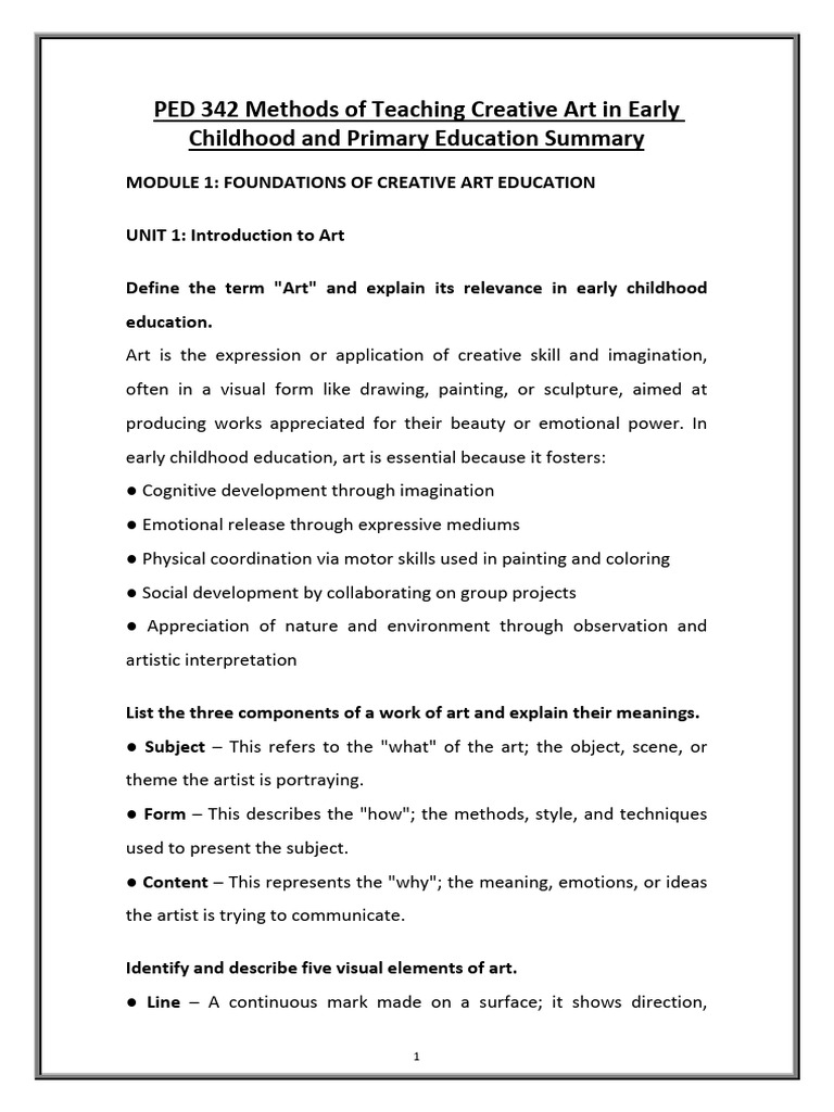 PED 342 Methods of Teaching Creative Art in Early Childhood and Primary ...