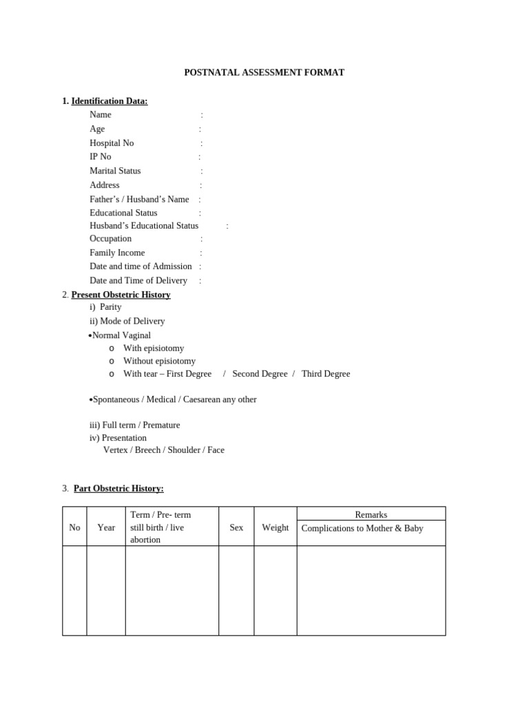 Postnatal Assessment Format | PDF | Childbirth | Postpartum Period