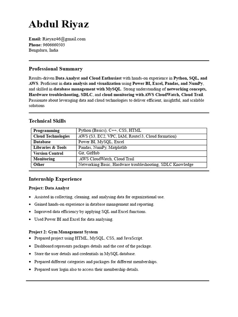 Abdul Riyaz CV | PDF